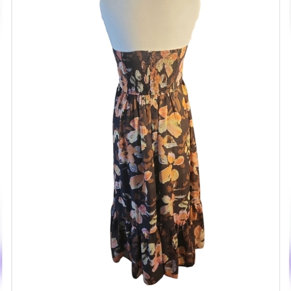 Storia Sheer Floral Brown printed Midi dress Bustier Ruffled Hem Large Strapless - Picture 6 of 10